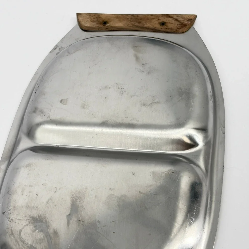 Japan Vintage Stainless Steel Divided Relish Tray Wood Handles 13 Inch MCM